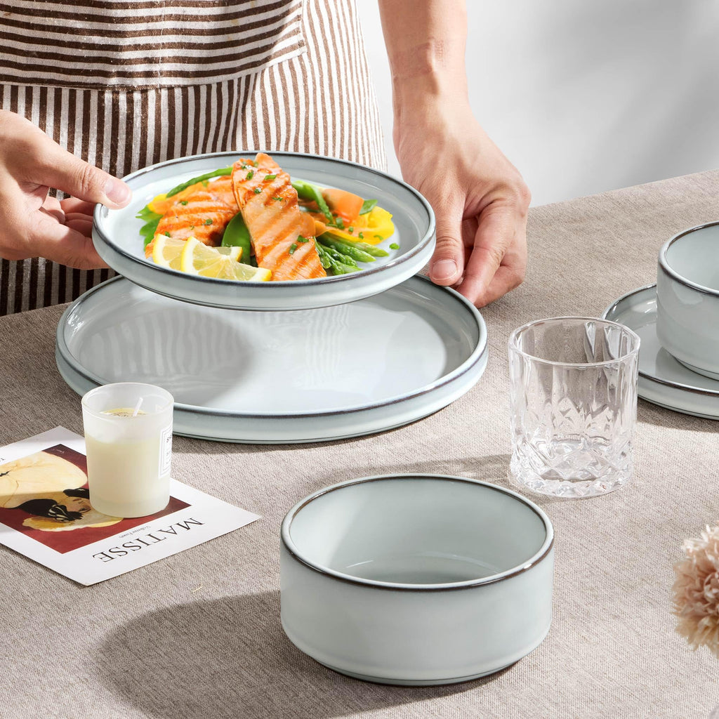 24 Pieces Stoneware Dinnerware Set for 8, Ceramic Dinner Dishware Sets Kitchen, Plates and Bowls with Rustic