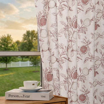 Toile Linen Curtains French Country Lemon and Red Floral Block Print Light Filtering Curtain 96 Inch Length Rustic