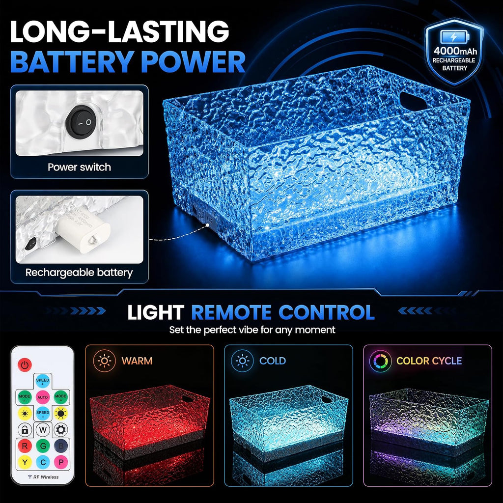 LED Acrylic Ice Buckets for Parties, 15L Lighted Beverage Tub with Rechargeable, 7-Color Large Champagne Bucket