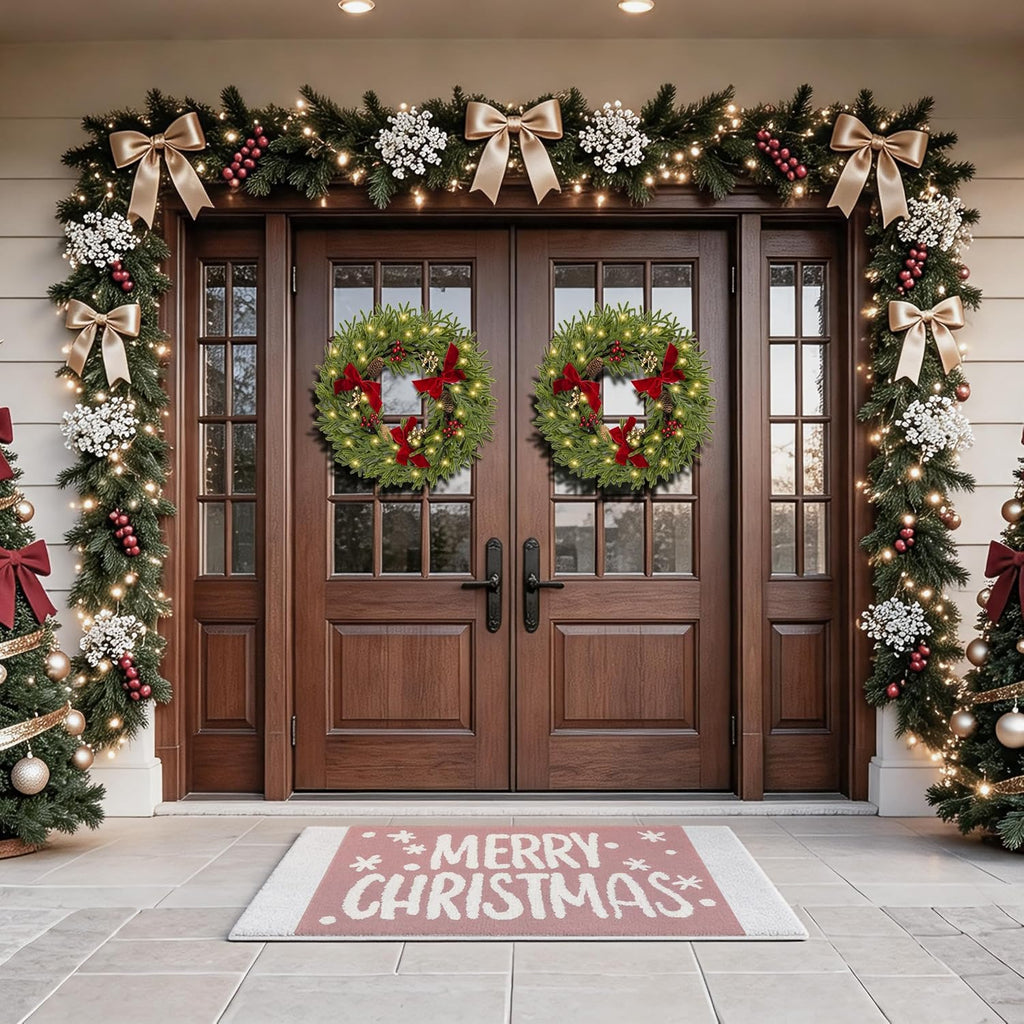 24" Pre-Lit Christmas Wreath for Front Door with 100LED Lights, Set of 2