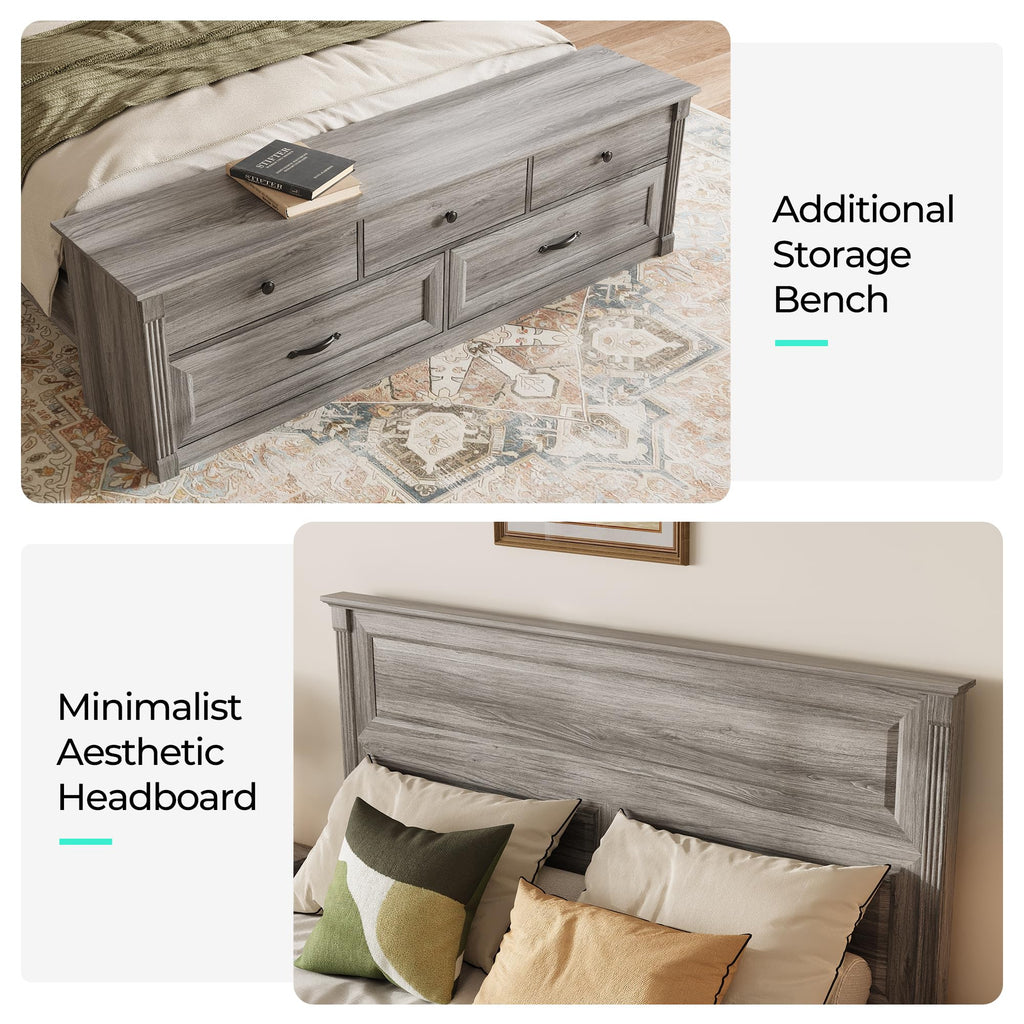 Storage Bed Frame Bedframe with Drawers, Rustic Grey