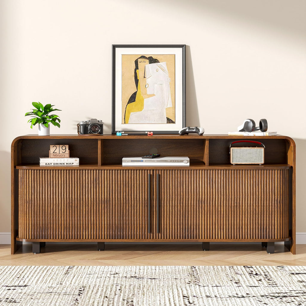 Walnut TV Stand for 65 70 75 Inch TV, Fluted Mid Century Modern TV Console with Sliding Doors, 63 Inch Entertainment