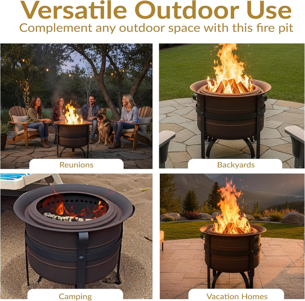23-Inch Cauldron-Style Smokeless Wood-Burning Fire Pit with Cover and Poker