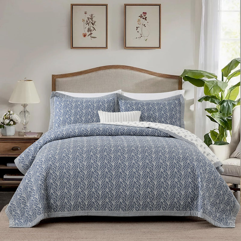 Quilt Set, 100% Cotton Quilt Bedding Set Bedspread, Botanical Pattern Solid Color Chic Lightweight Quilted