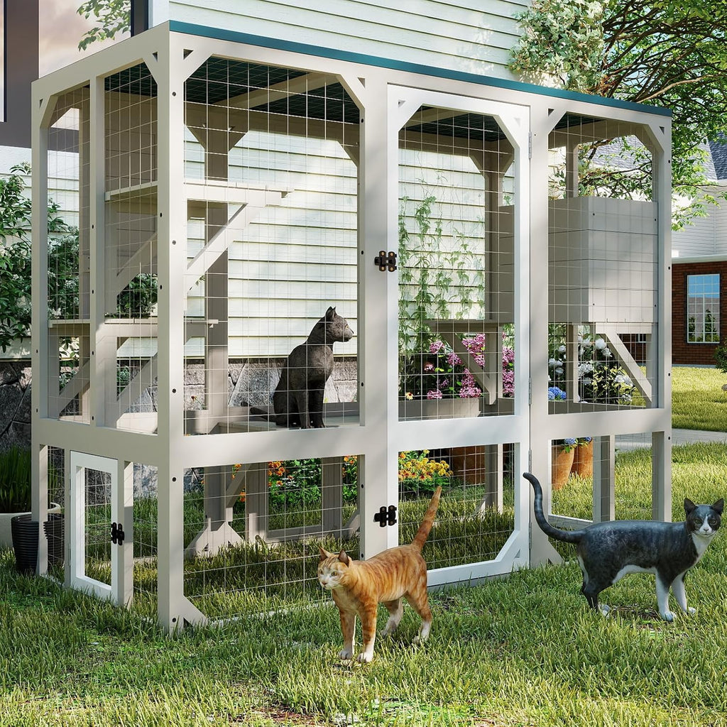 59.06" L Large Catio Outdoor Cat Enclosure, Wooden Window Cat House with 3 Jumping Platforms & Resting Room for Feral