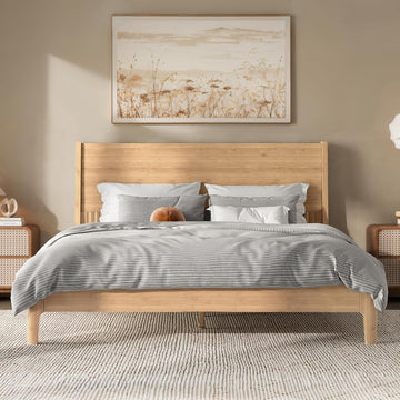 Bamboo Platform Bed Frame with Tall Headboard, Solid Bamboo Bed Frame with Support Slats, Modern Low