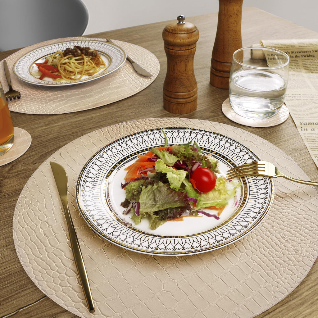 Round Leather Placemats for Round Tables Set of 6, Beige Place Mats and Coasters, Wipeable Waterproof Heat Resistant