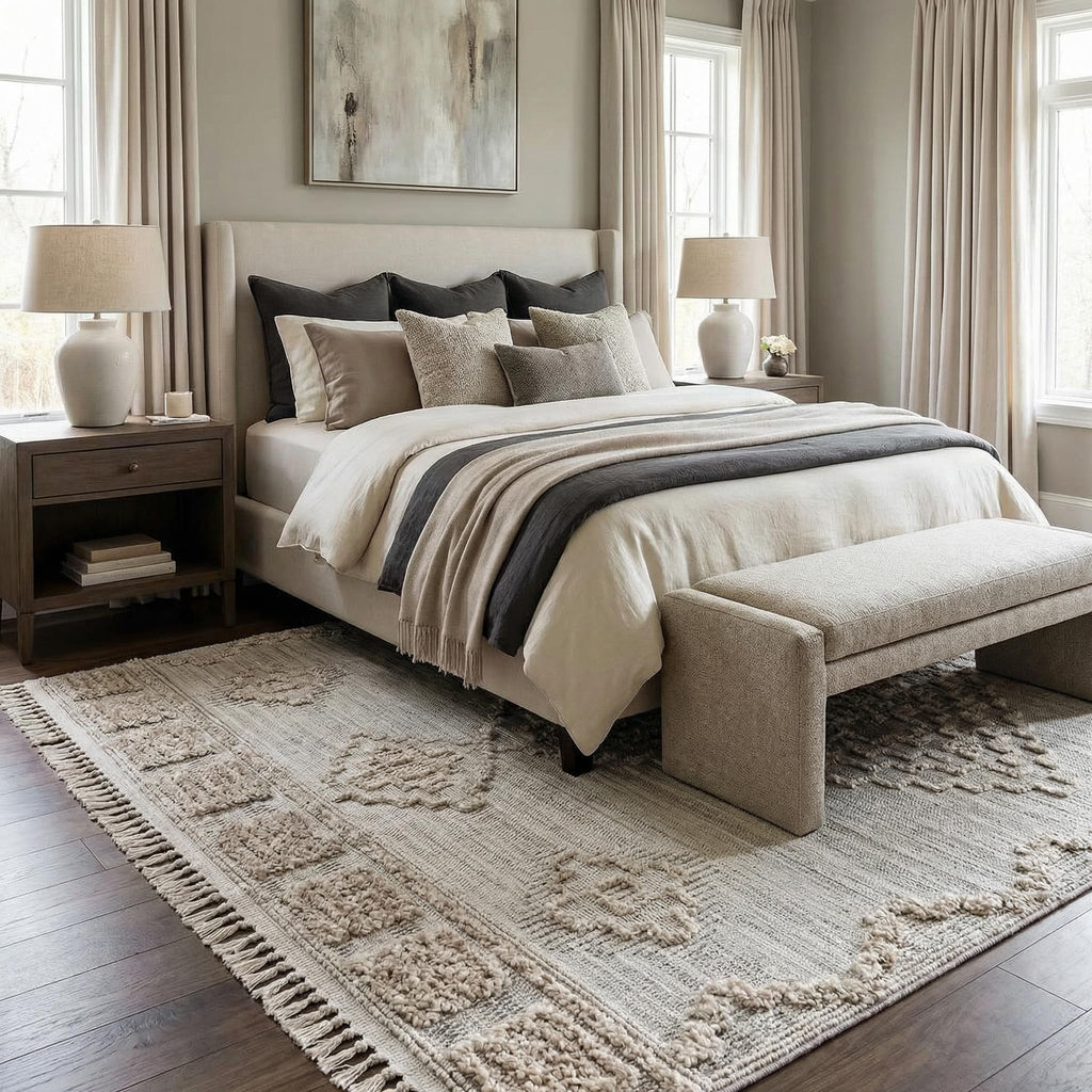 Beige Medallion Transitional Accent Rug High-Low Charcoal Cream Light Gray Tribal Bohemian Ampusungan Entryway