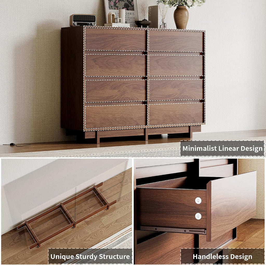 Walnut Dresser , 53.1" Wide 8 Drawer Dresser, Mid Century Modern Dressers Chest of Drawers, Wooden Large Dressers