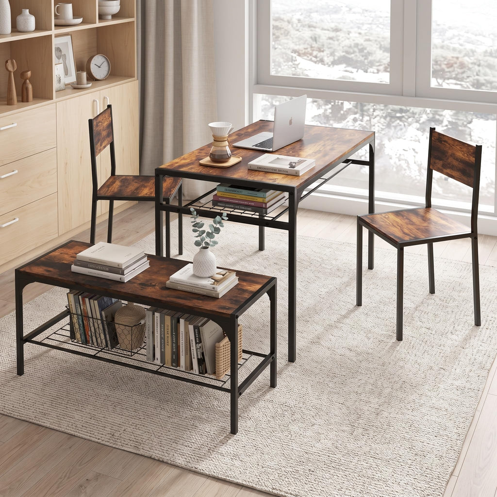 Dining Table Set for 4 with Bench & 2 Chairs, Storage Racks