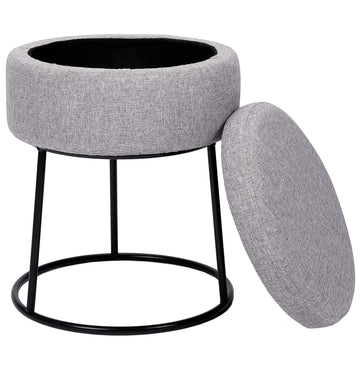 Grey Linen Storage Stool Ottoman w/Black Metal Leg Base, Soft Compact Padded Seat Footrest, Small Footstool Seating