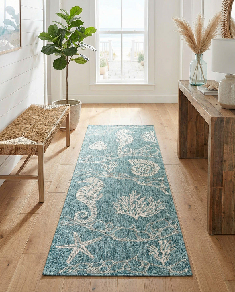 Outdoor Coastal Collection Rug - 6 Ft Runner Aqua Flatweave-Pile Rug Perfect s, Entryways