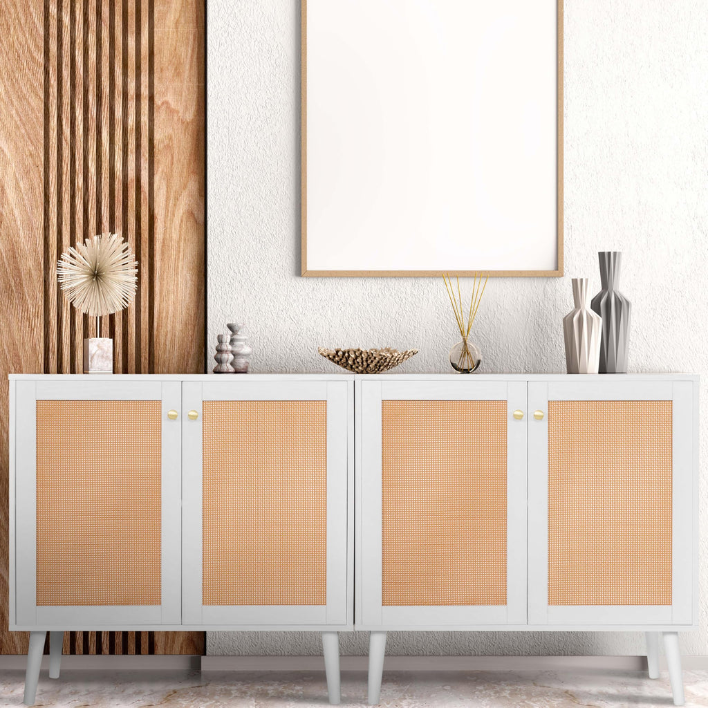 Boho Accent Storage Cabinet with Rattan Doors, Wood Grain Sideboard Buffet with Adjustable Shelves, Coffee Bar, White