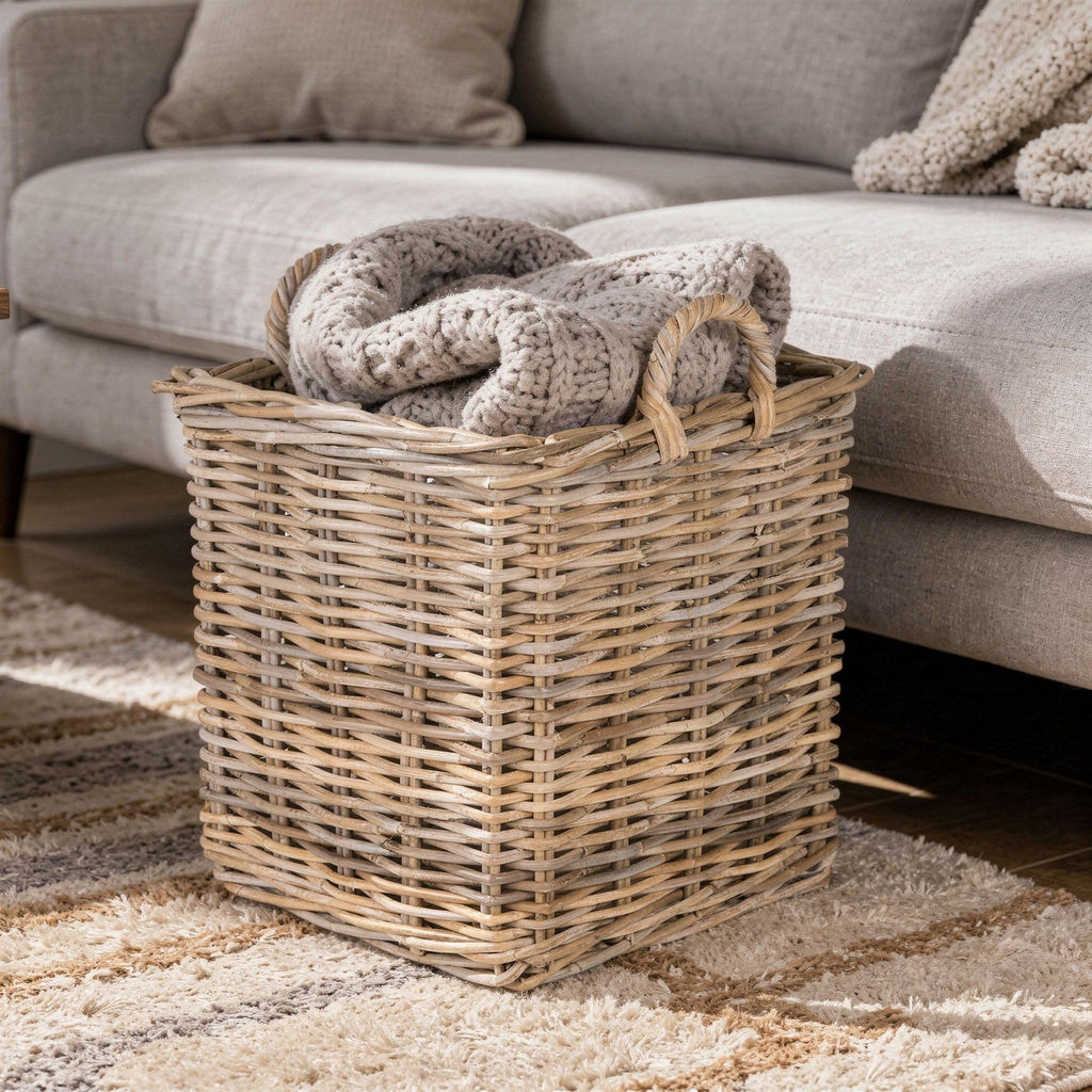 Kobo Square Rattan Decorative Storage Basket and Planter, Medium Size, Gray