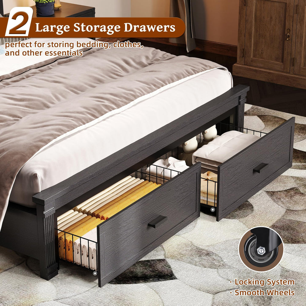 Farmhouse 53" Tall Bed Frame, Headboard& 2 Storage Drawers, Black