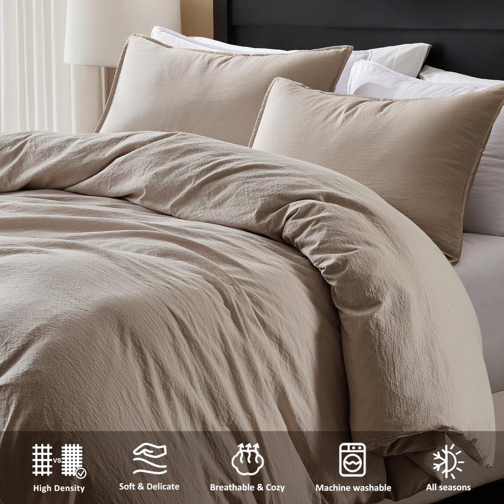Dark Beige King Size Jacquard Duvet Cover Set with Zipper Closure, Modern Washed Soft Striped Bedding, Textured
