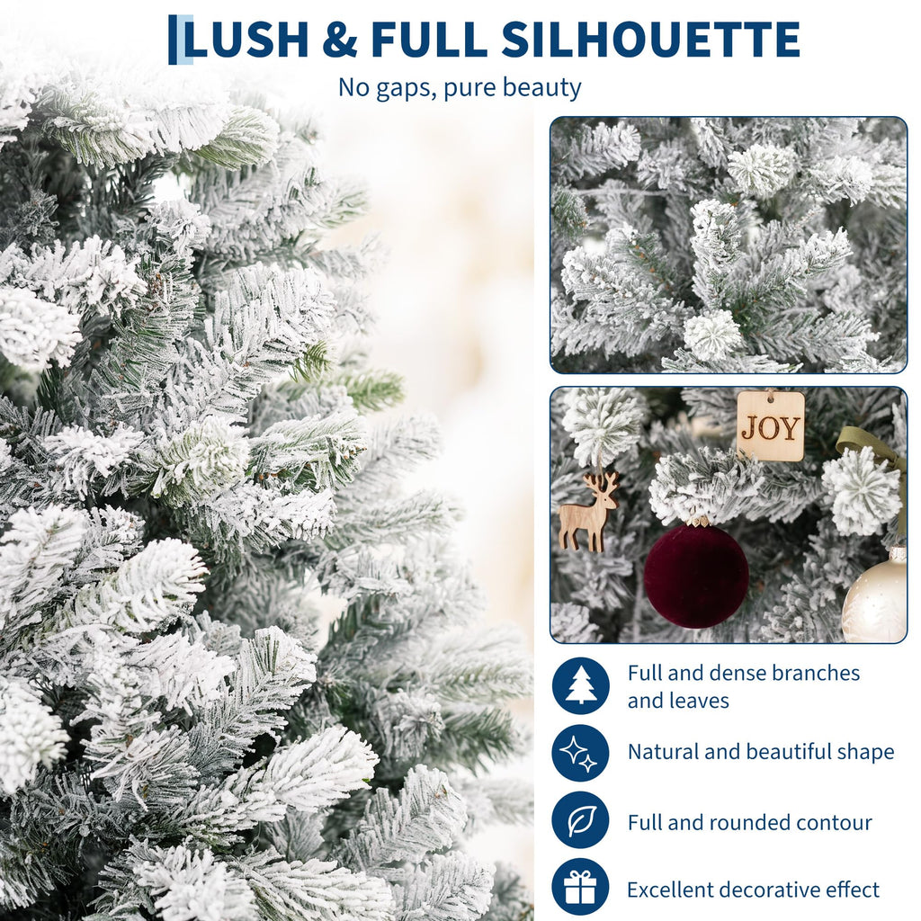 7.5ft Pre-Lit Snow Flocked Christmas Tree, Spruce Artificial Hinged Tree