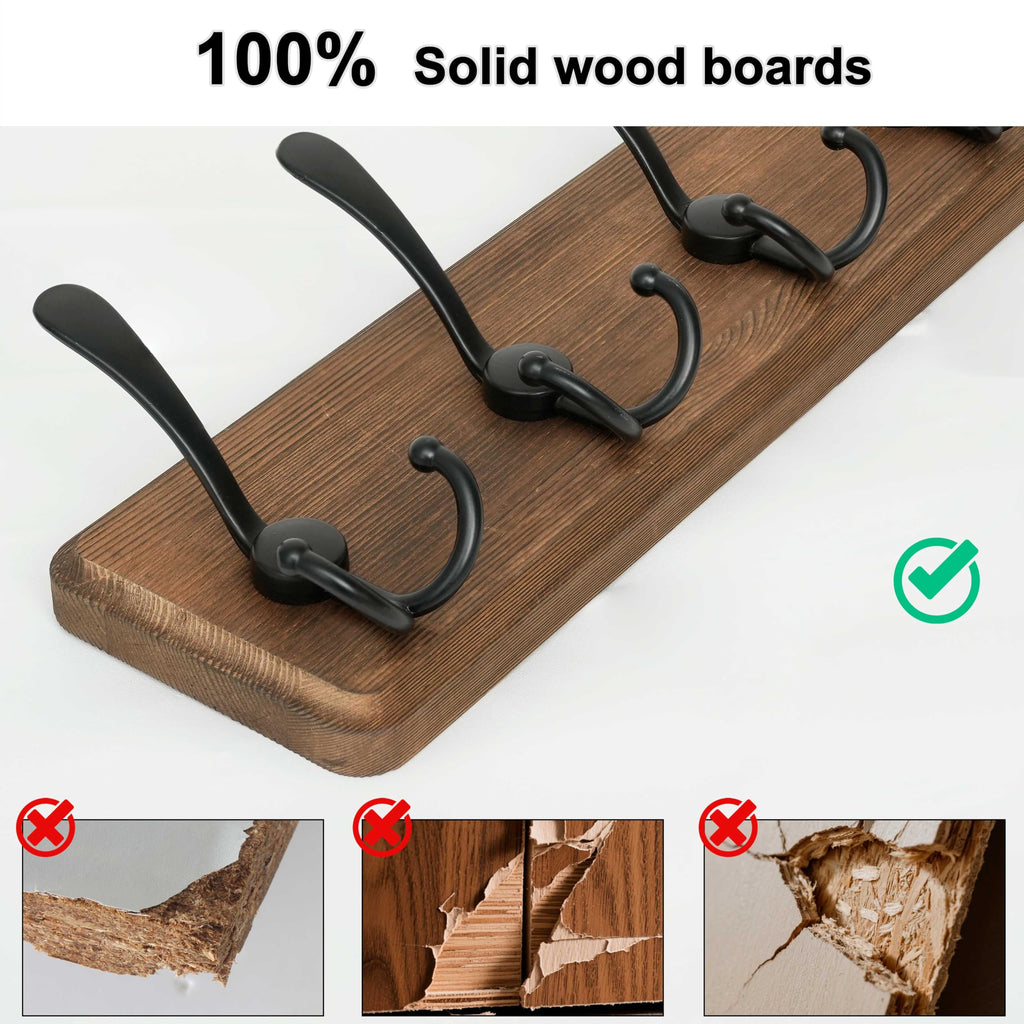 Rustic Coat Rack Wall Mount, Solid Wood Coat Hooks Wall Mounted Coat Hanger, 16" Hole to Hole, Hook Rack Rail, 5 Triple