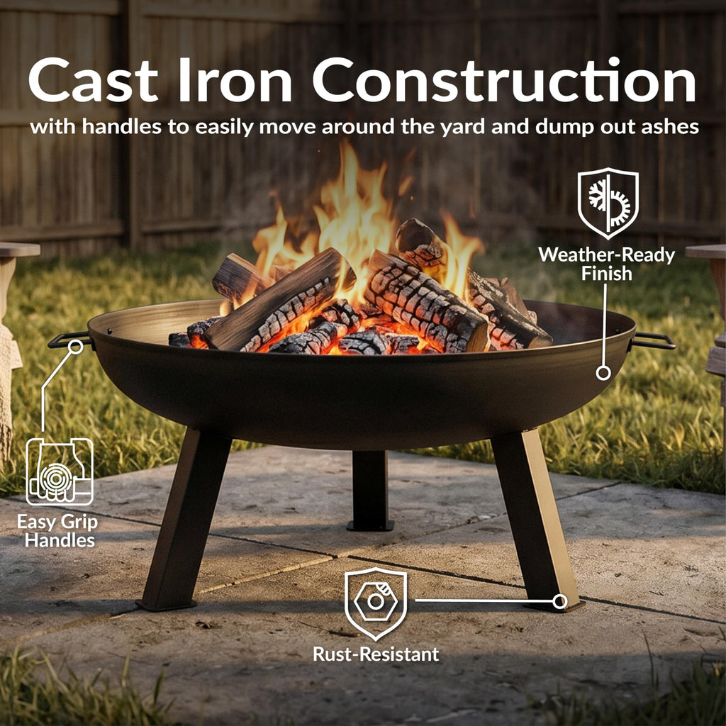 30" Heavy-Duty Cast Iron Fire Pit Bowl for Outside, Wood-Burning