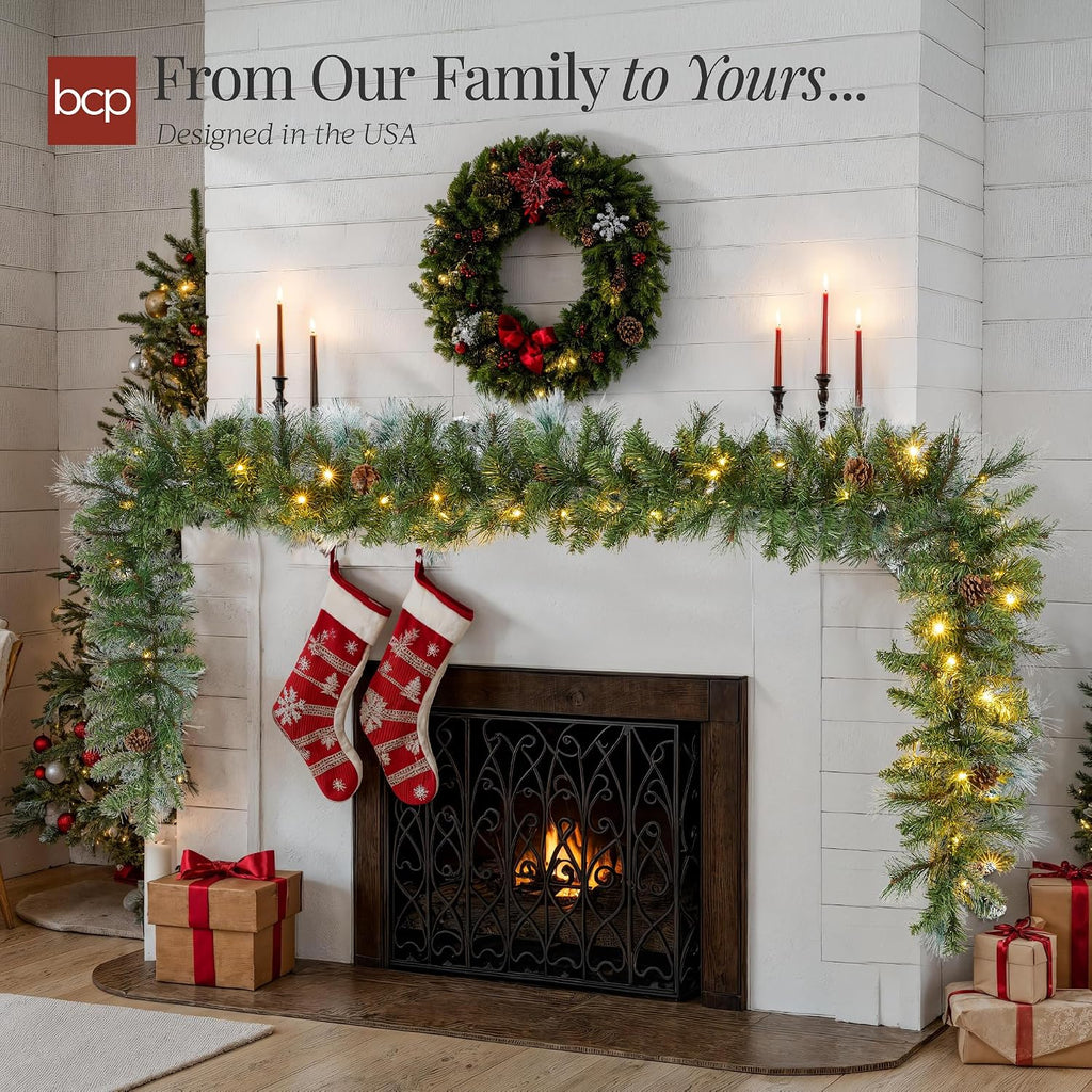 9ft Pre-Lit Christmas Garland Holiday Décor for Stairs, Mantel, w/Pine Cones, 2-in-1 White & Multi LED Lights