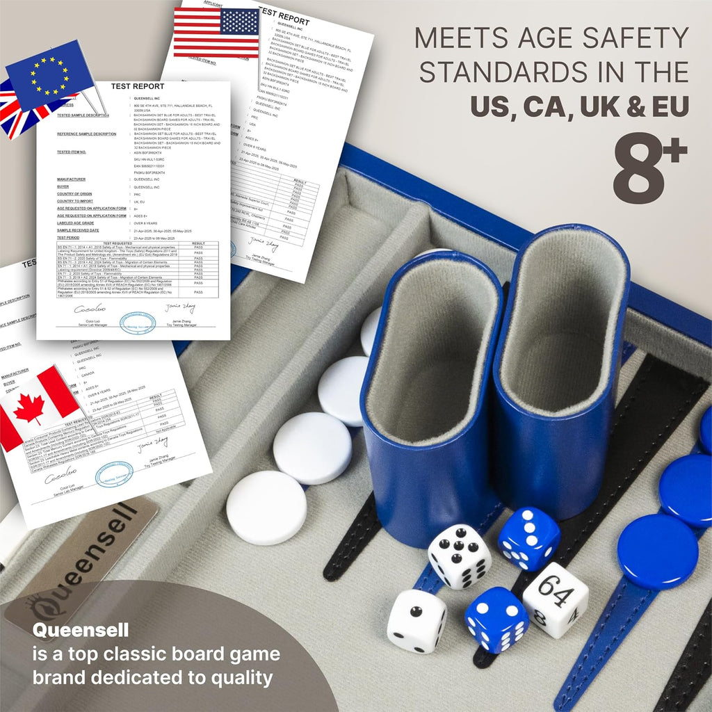 Large Blue Backgammon Sets for Adults - Classic Board Games for 2 Players Adults and Kids - Premium Backgammon Set 15