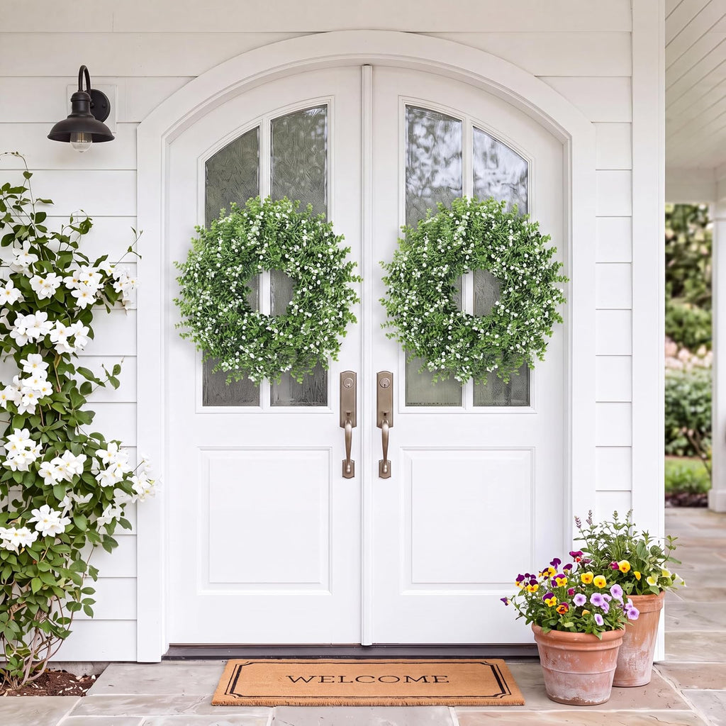 24'' Large Boxwood Wreath for Front Door Artificial Spring Summer Wreath with Baby's Breath Greenery Wreaths