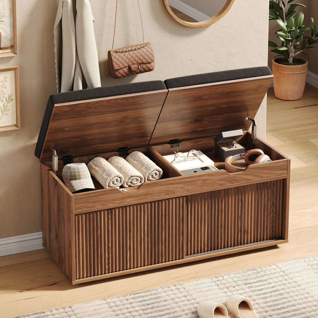 39.4" Fluted Shoe Storage Bench with Lift Top Storage, 2-Tier Shoe Cabinet