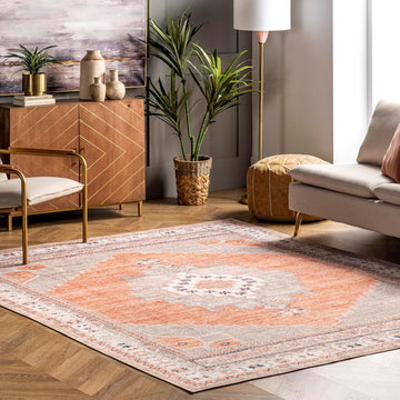 Alicia Machine Washable Medallion Area Rug, Rust, Rectangular, 0.15" Thick
