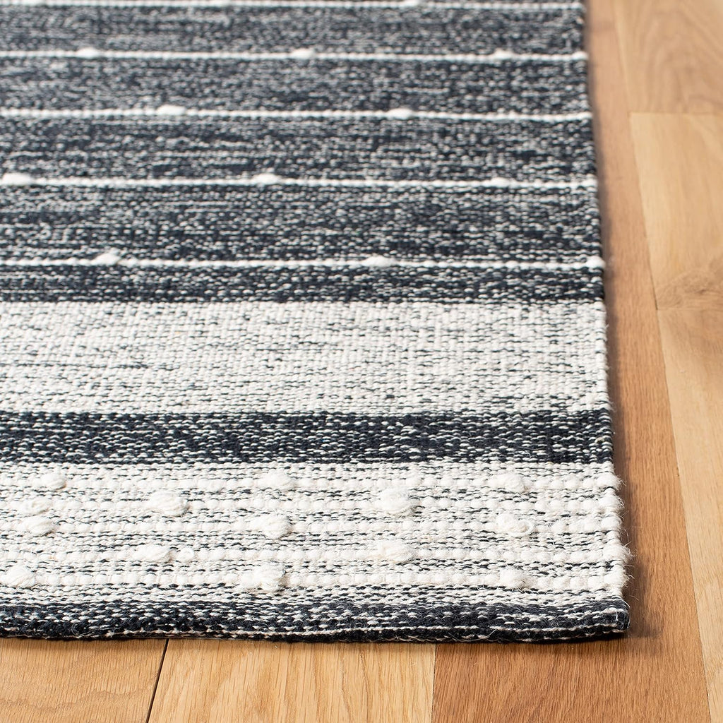 Striped Kilim Collection Area Rug - 7' Square, Black & Ivory, Handmade Stripe Cotton, Ideal for High Traffic Areas