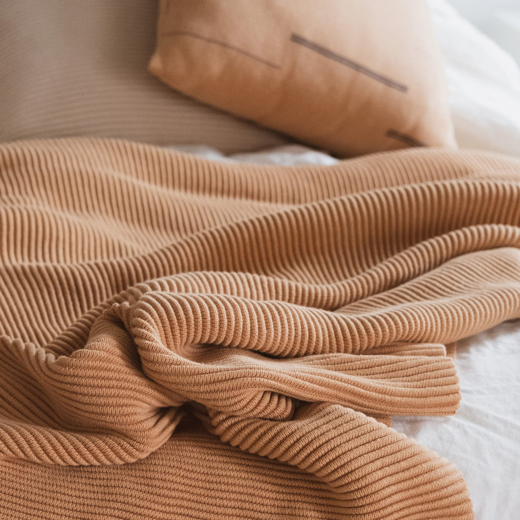 100% Soft Cotton Textured Raised Stripes Rib Knit Throw Blanket with Tassels (Baked Clay)