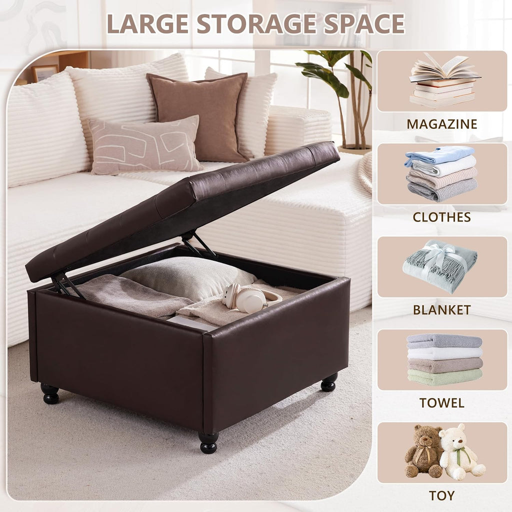30" Large Square Ottoman with Storage, Leather Ottoman Coffee Table, Brown | Tufted Upholstered Ottoman , Oversized