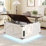 Farmhouse Lift Top Coffee Table, Square Wood Center Table with LED Lighting, USB-C Charging Station