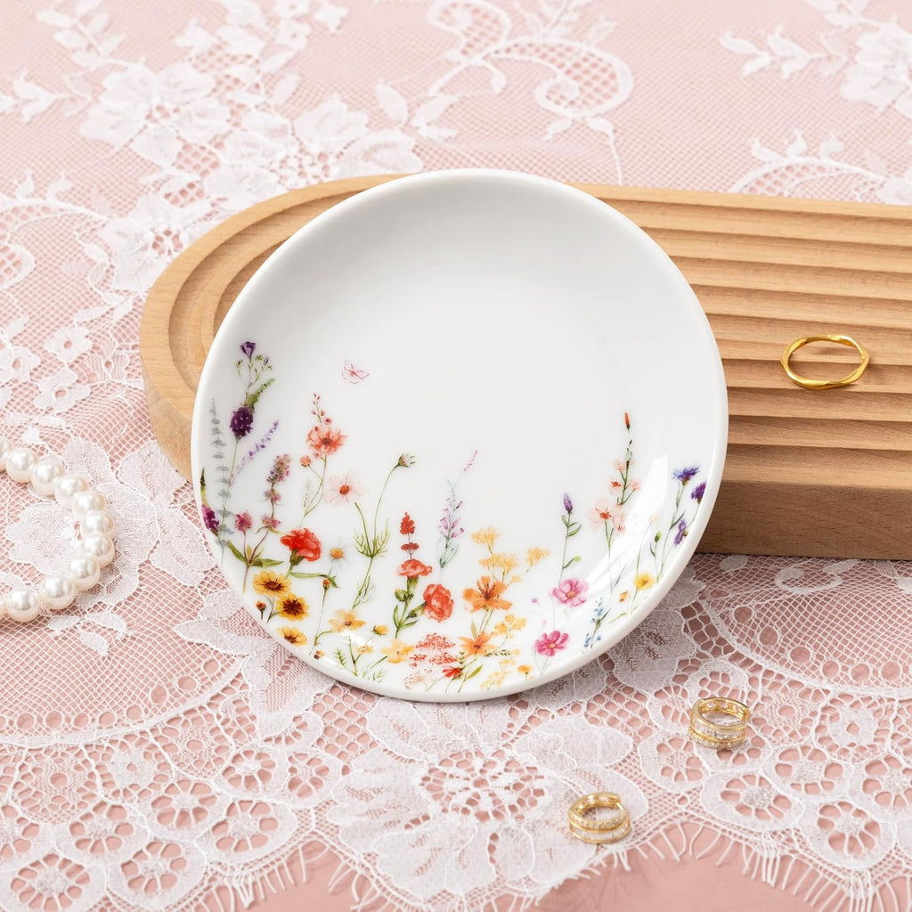Flower Trinket Dish Jewelry Tray & Gift Box, Ceramic Ring Dish for Rings Earrings Necklaces Keys, Bridal Shower