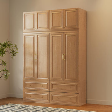 Rustic Wardrobe Closet with 4 Door, Big Armoire Wardrobe Closet with Hanging Rod/4 Drawer, Tall/Heavy Closet