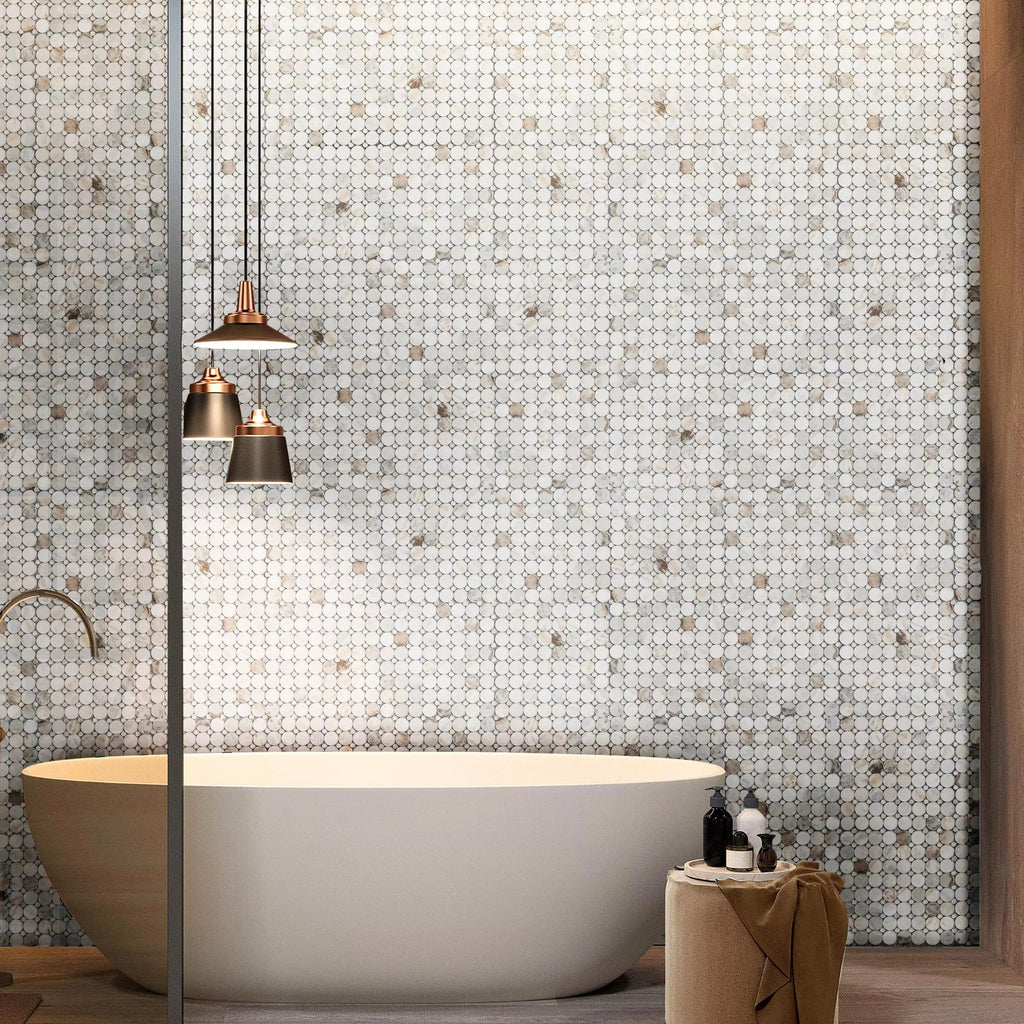 Bianco Orion White Polished Marble Mosaic Tile, Circle Penny Round Pattern, Natural Stone Floor & Wall Tile, Shower