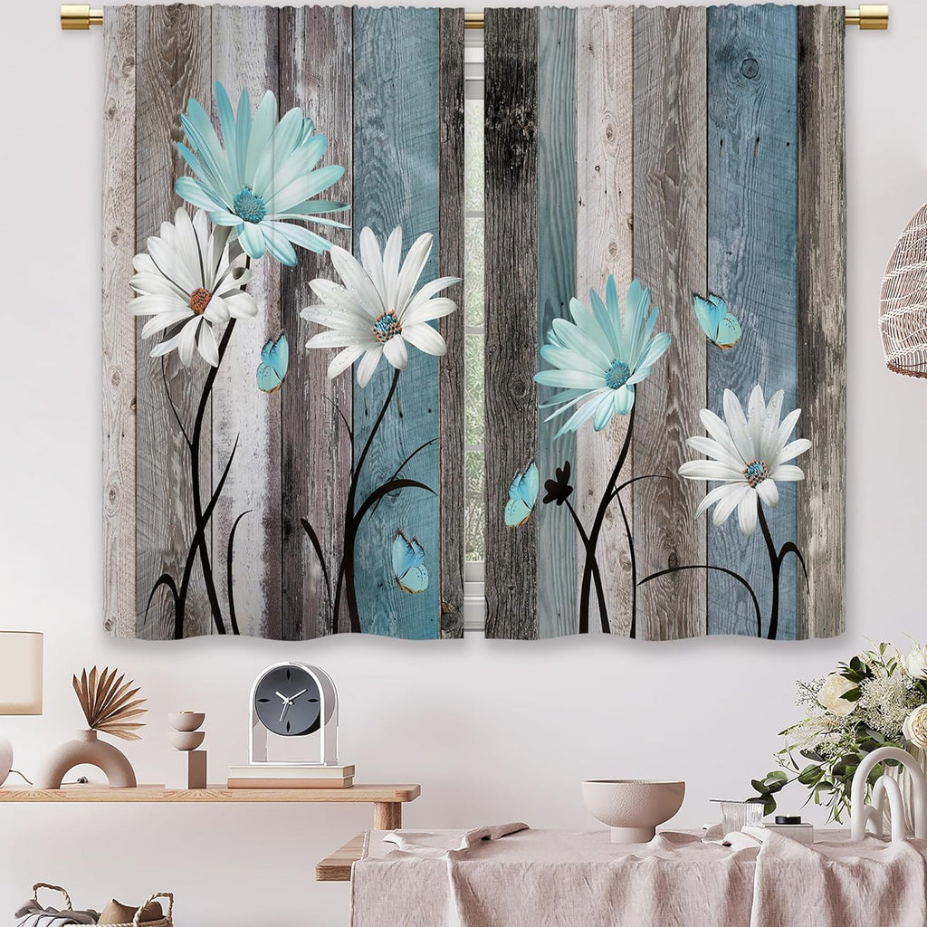 Teal Farmhouse Daisy Kitchen Curtains Wooden Flower Small Short Cafe Window Curtains Rustic Floral Butterfly Country