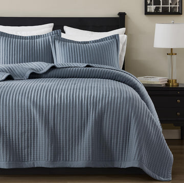 Dusty Blue Quilt Set, Striped Pick Stitch Bedspread