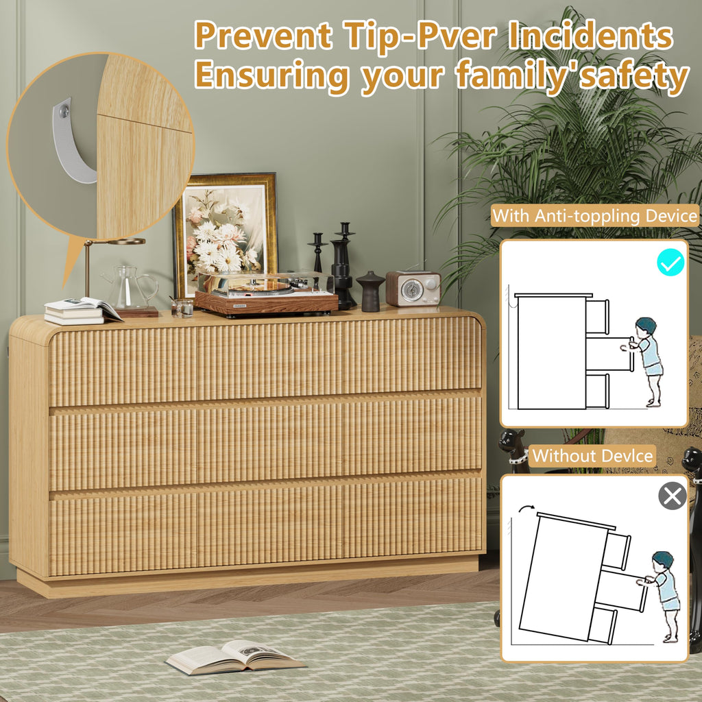 Oak Dresser Fluted 9 Drawers Dresser, 59" Wide Wood Chest of Drawers with Hidden Handles & Rounded Corners, Modern