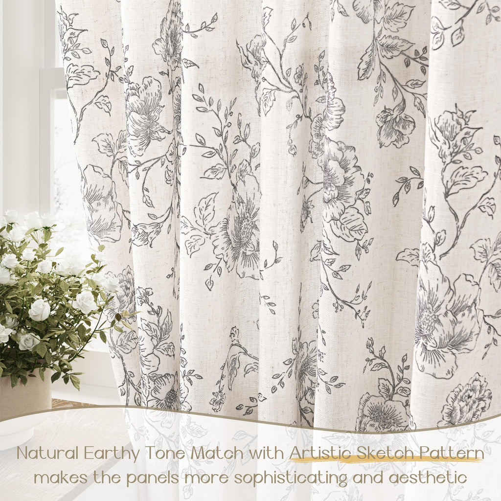 Vintage Floral Curtains 96 inches Long Botanical Patterned Curtains Sketch Print Burlap Textured Farmhouse Country