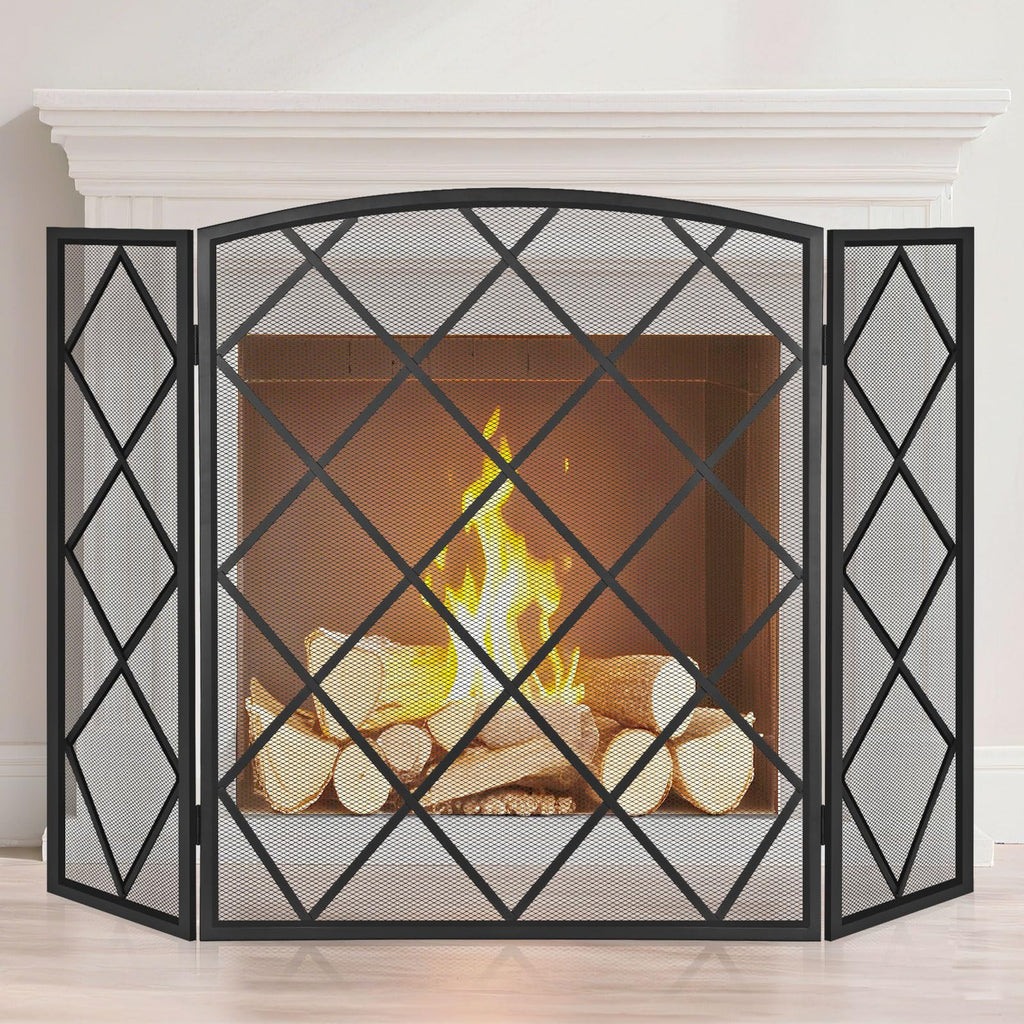 3-Panel Fireplace Screen 48" W x 30" H Wrought Iron Spark Guard