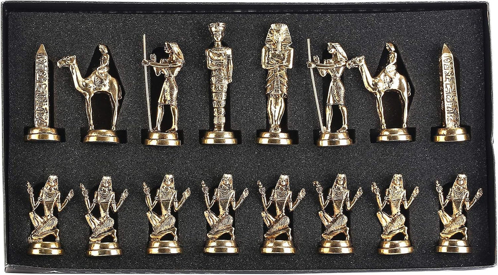 Historical Egypt Pharaoh Figures Metal Chess Set for Adults, Handmade Pieces and Natural Solid Wooden Chess Board