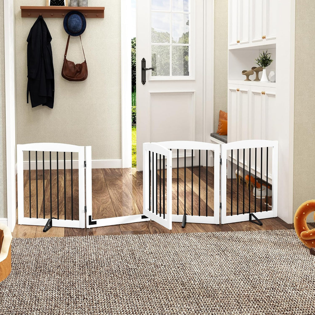 Freestanding Dog Gate with Door, Pet Gate for Stairs, 80 inch Wide Pet Barrier Indoor, Dog Fences Indoor, Support