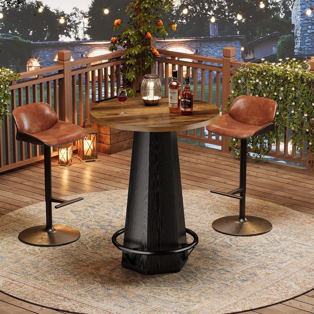 Round Bar Table Set of 2, 39.4" H Bistro Cocktail Table with Metal Footrest for Drinking & Gathering, Industrial Home