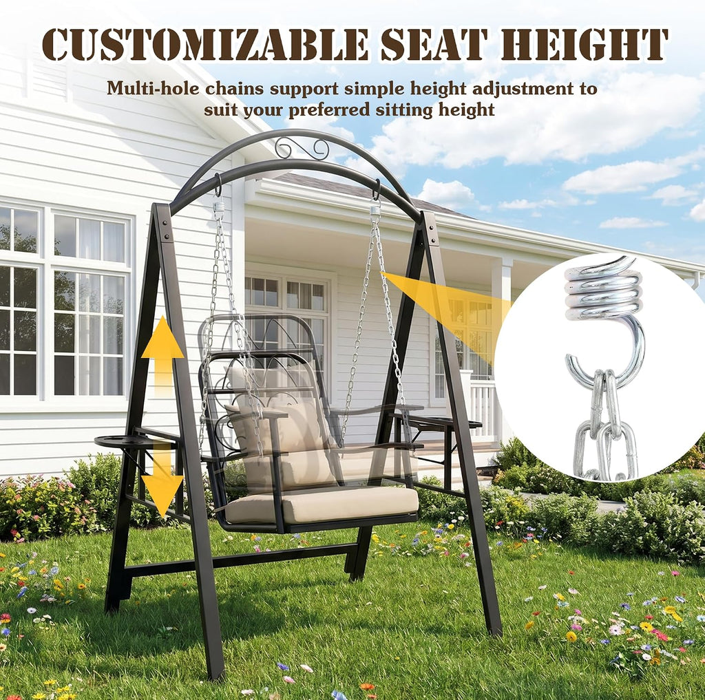 Outdoor Porch Swing with Stand, 350lbs Capacity, Height Adjustment | 1 Seat, Heavy-Duty Metal Frame, Cup Holders