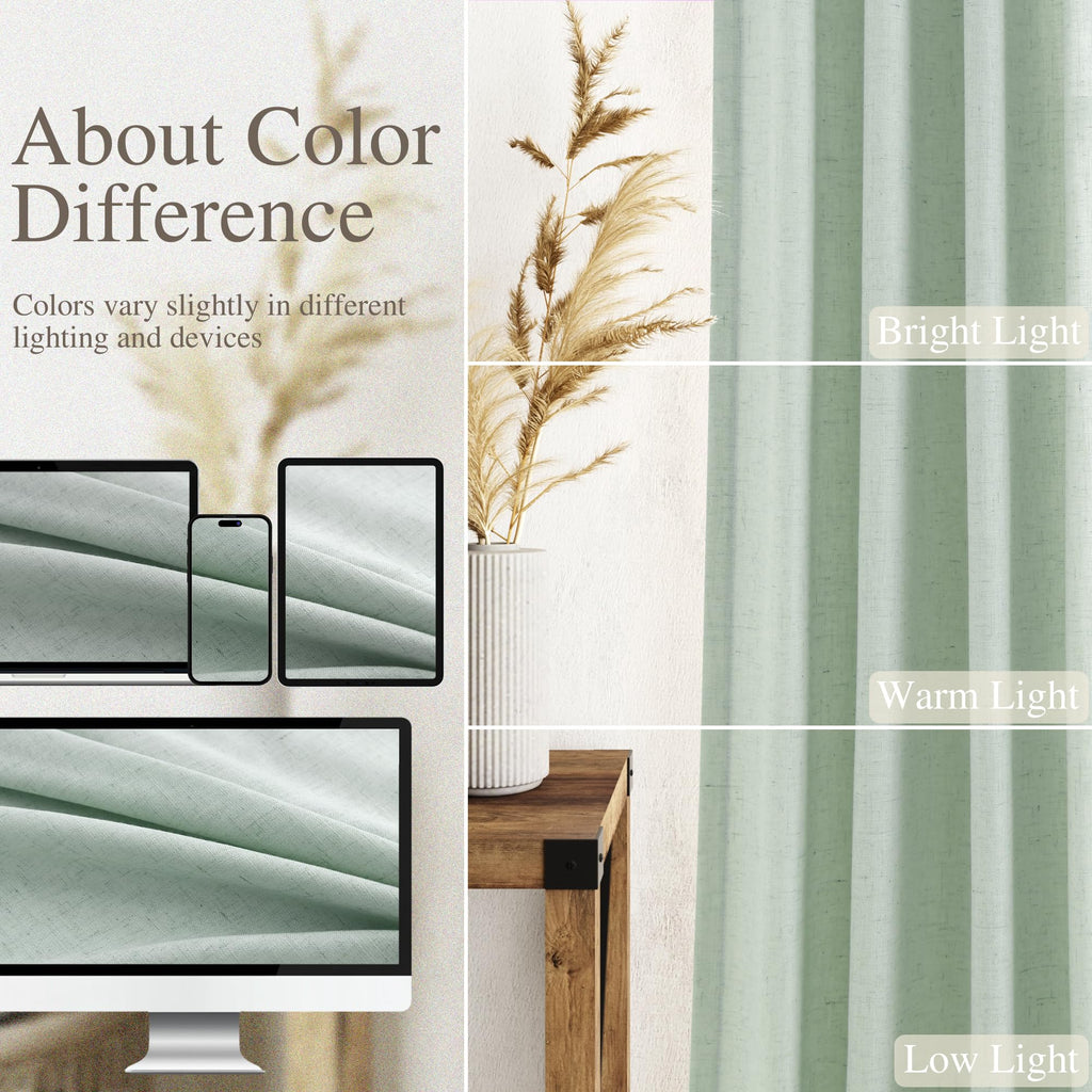 Aqua Green Linen Curtains Semi Sheer 96 Inches Long 2 Panels Set Back Tab Rod Pocket Light Filtering Drape Modern