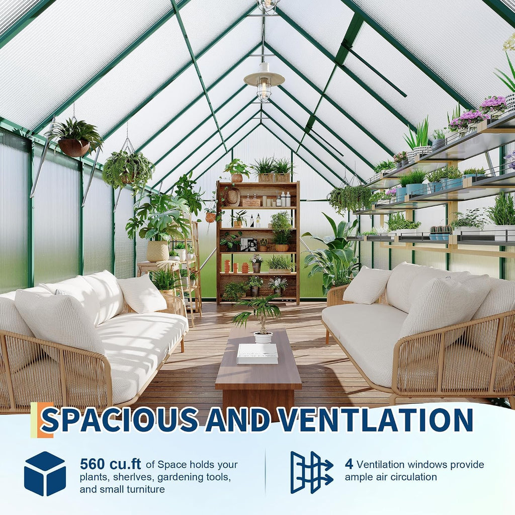 8 x 16 ft Outdoor Polycarbonate Greenhouse Kit, Heavy Duty Greenhouse with Reinforced Aluminum Frame, Adjustable Roof