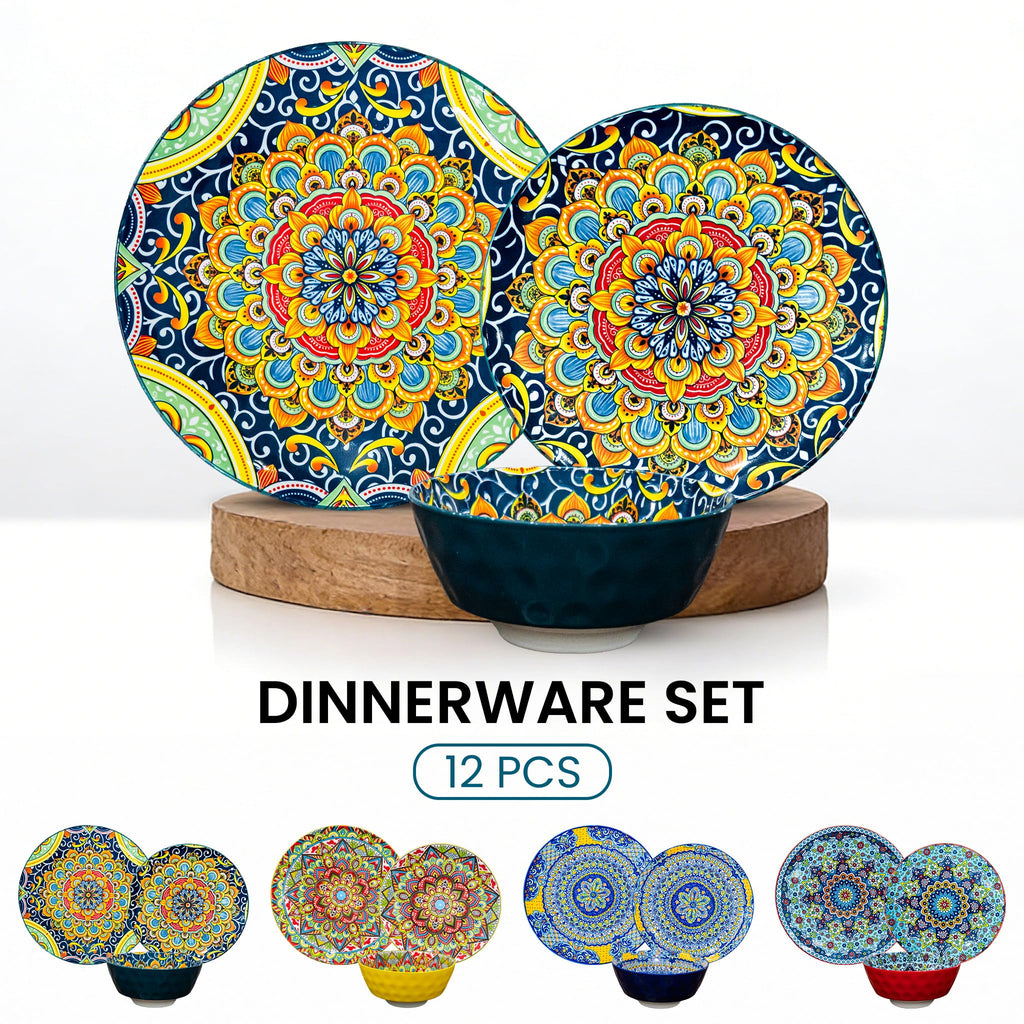12 Pieces Dinnerware Sets, Ceramic Plates and Bowls Set, Microwave and Dishwasher Safe, Scratch Resistant, Bohemian