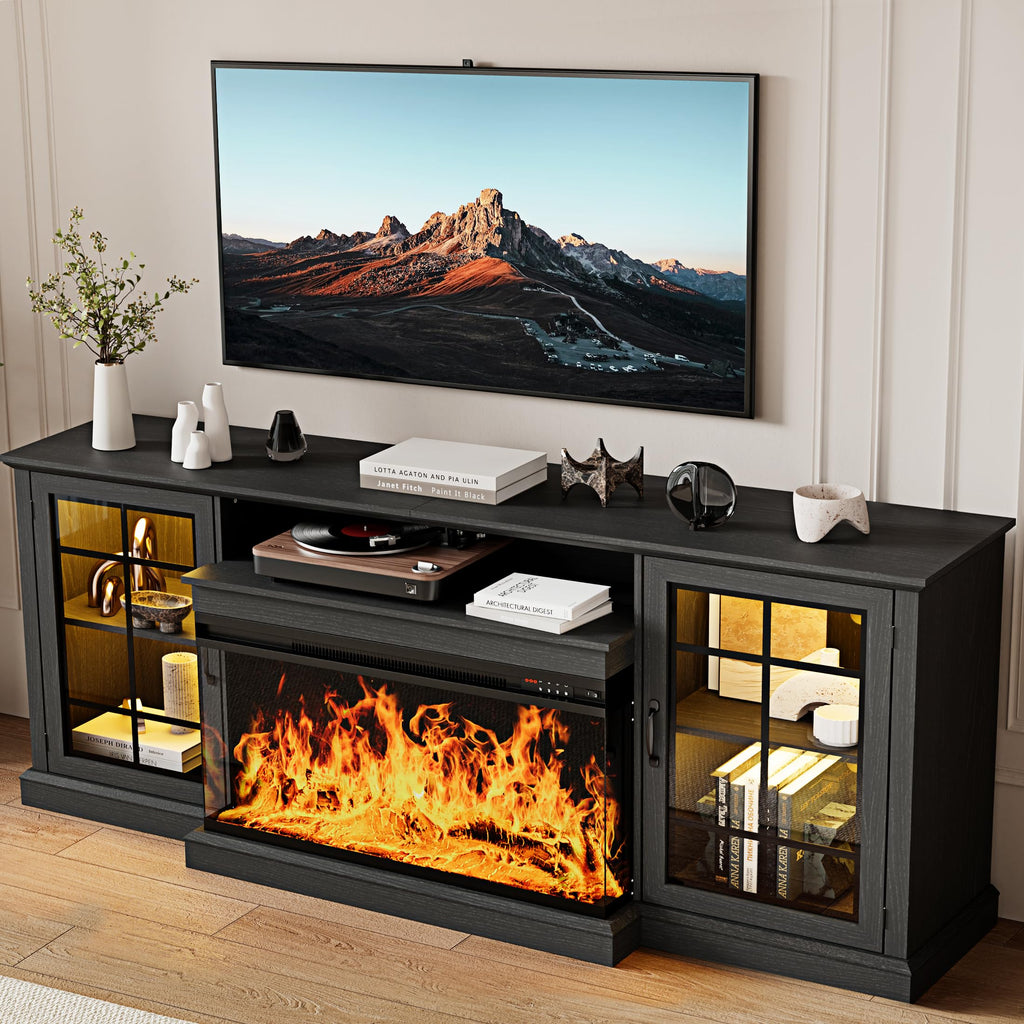 80'' Fireplace TV Stand, Farmhouse Entertainment Center with 3 Sided Glass TV Stand, Modern Media Console Table with