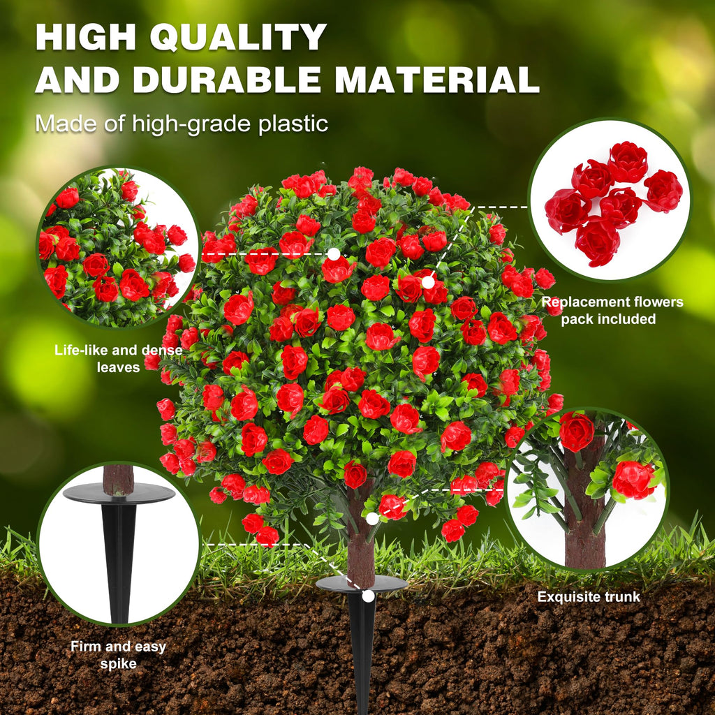 Set of 2 Artificial Lavender Boxwood Topiary Ball Trees with Ground Spike, 26 Inches UV Resistant Fake Plant Bushes