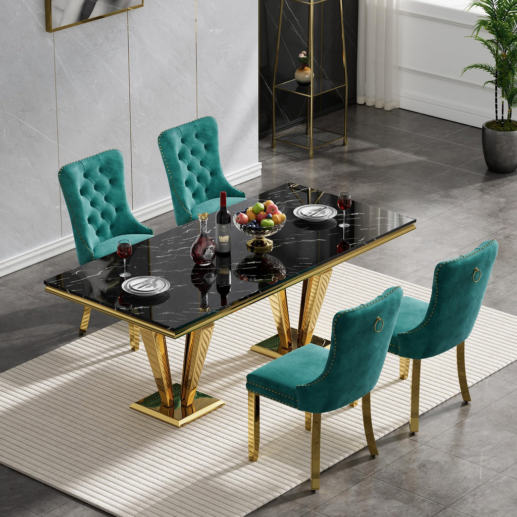 68" Black Marble Dining Table, Luxurious Marble Table Dining with 0.71" Thick Printed Marble Top and Gold